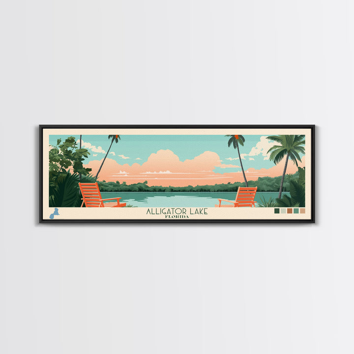 Alligator Lake Florida Framed Canvas Print, Panoramic Travel Poster, Pop Art, Midcentury Modern Wall Art, Scenic Bedroom Decor