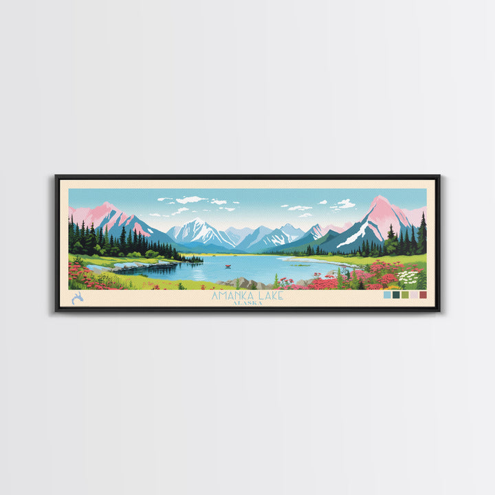 Amanka Lake Alaska Framed Canvas Print, Panoramic Wall Art, Midcentury Modern, Pop Art, Travel Poster, Living Room Art