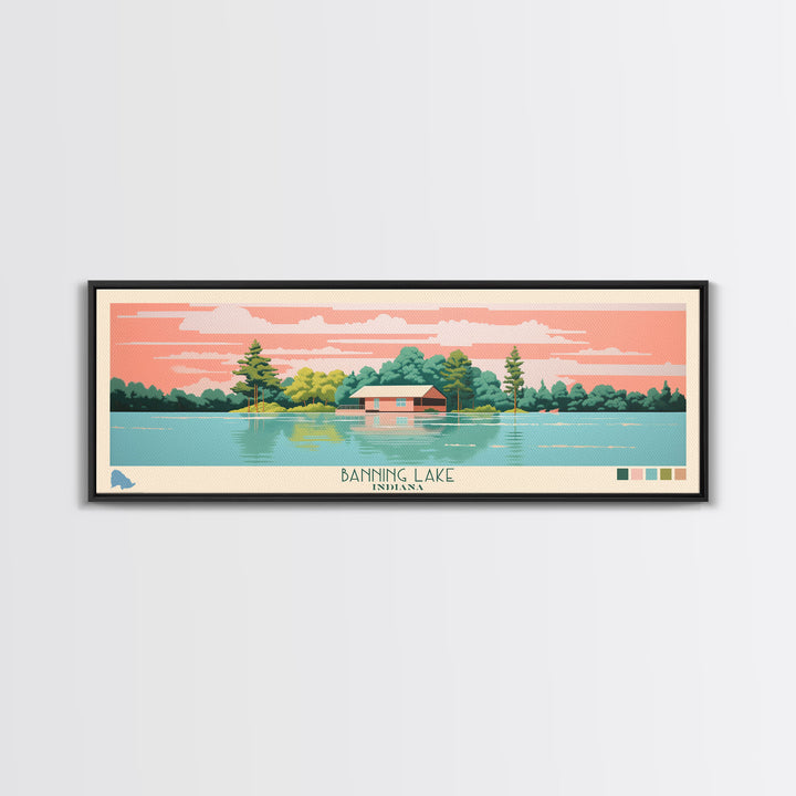 Banning Lake Indiana Framed Canvas Print, Panoramic Travel Poster, Midcentury Modern Wall Art, Pop Art, Bedroom Decor