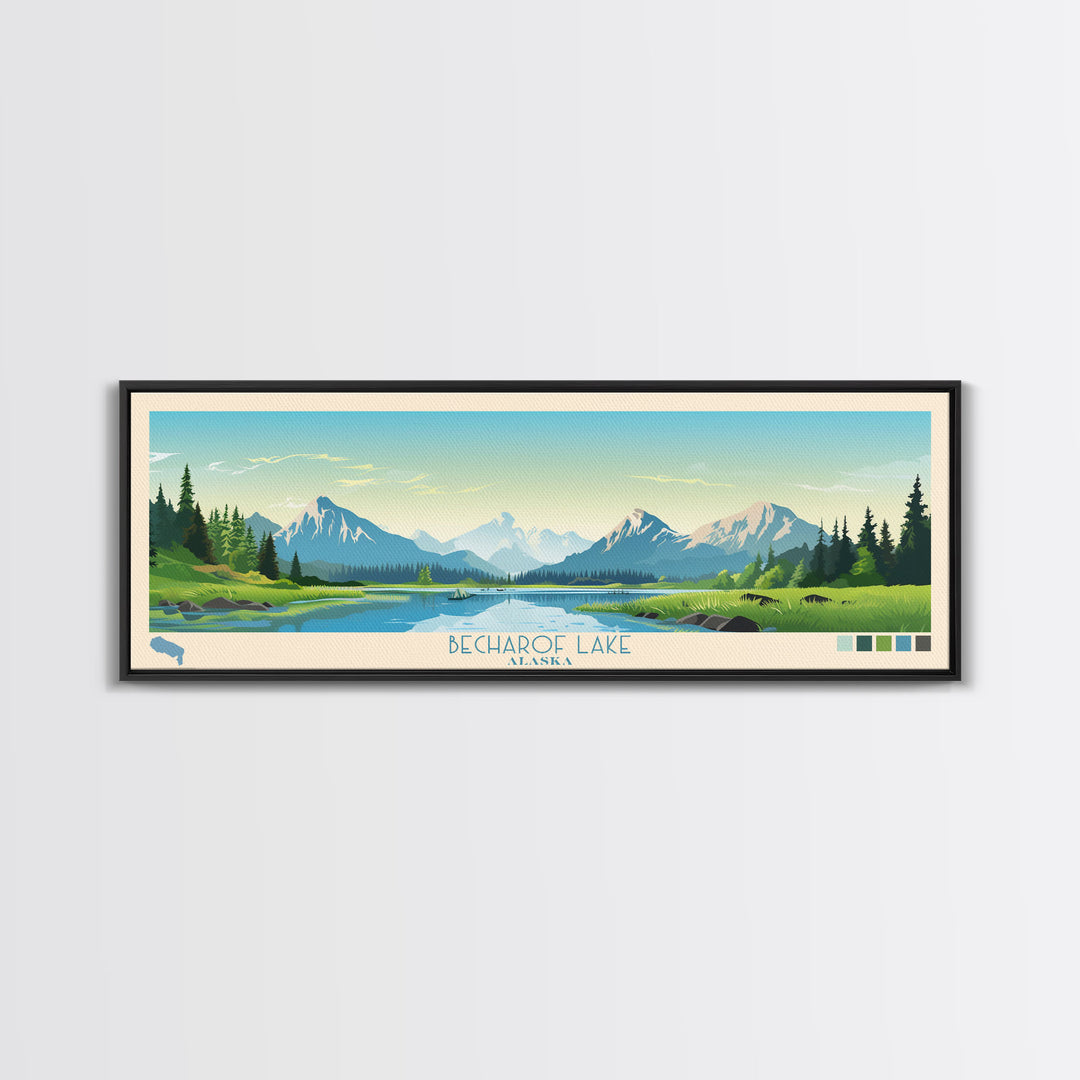 Becharof Lake Alaska Framed Canvas Print, Panoramic Travel Poster, Midcentury Modern Wall Art, Pop Art, Nature Bedroom Art, Living Room Decor