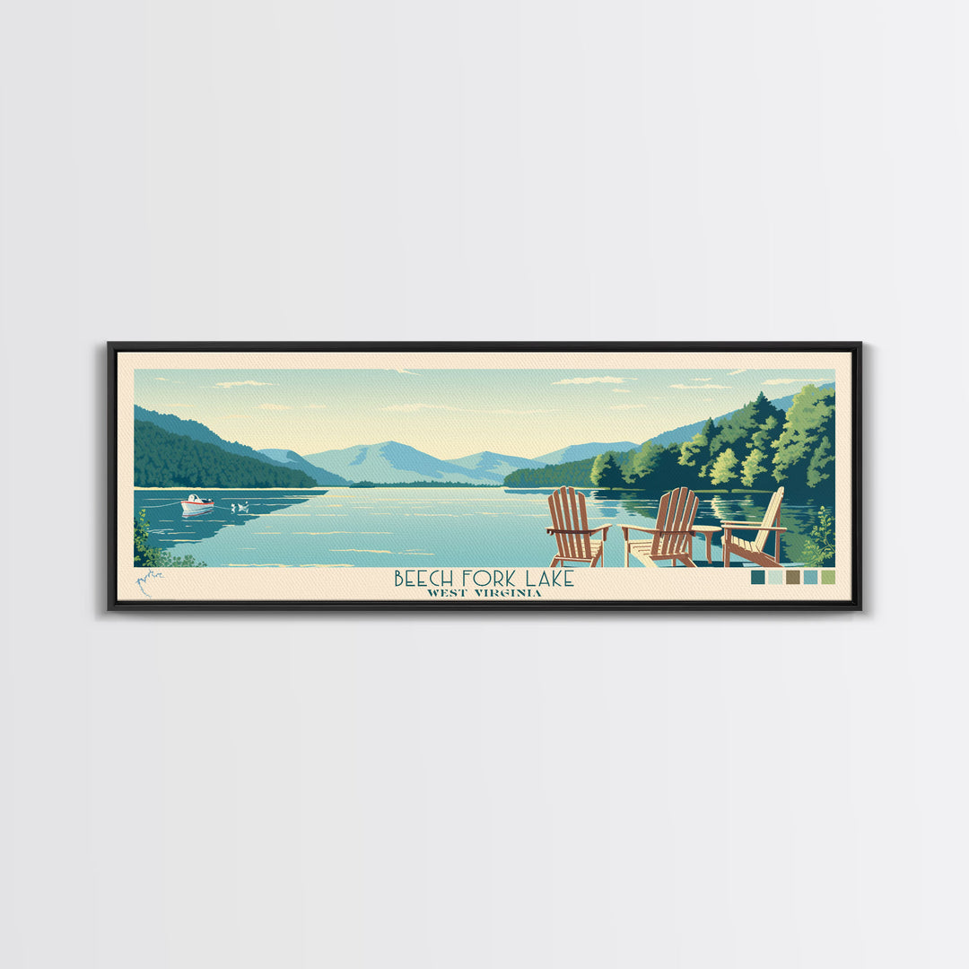 Beech Fork Lake West Virginia Framed Canvas Print, Panoramic Wall Art, Midcentury Modern, Pop Art, Travel Poster, Scenic Lake House Decor, Bedroom Art