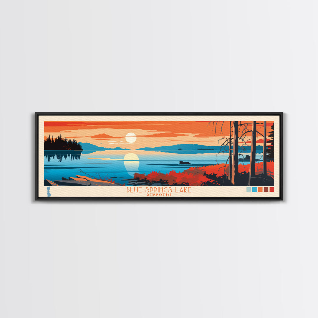 Bluenose Lake Nunavut Framed Canvas Print, Panoramic Travel Poster, Midcentury Modern Wall Art, Pop Art, Nature Bedroom Decor, Scenic Lake House Art