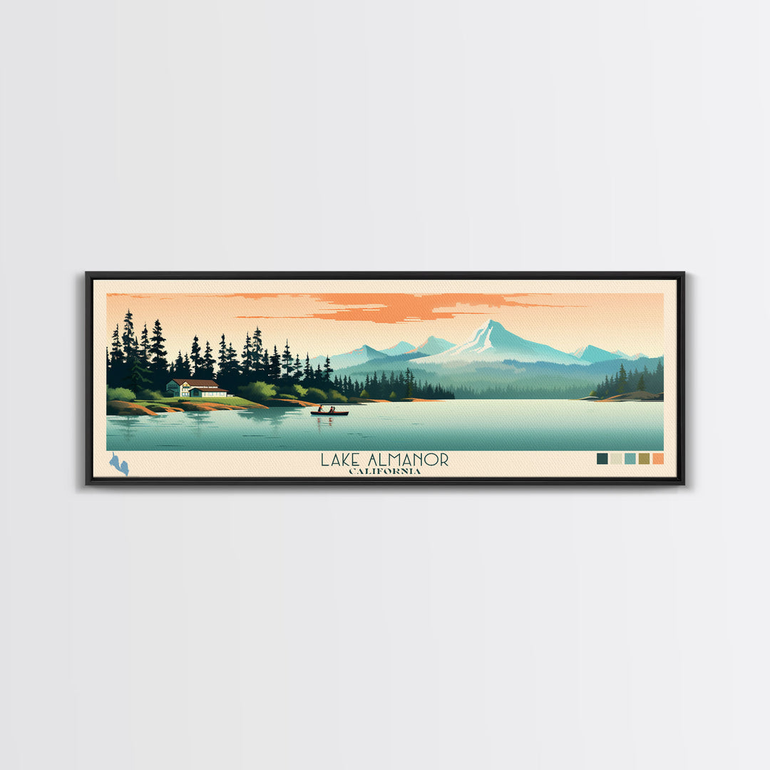 Lake Almanor California Framed Canvas Print, Panoramic Art, Midcentury Modern, Pop Art, Living Room Wall Art, Travel Poster, Lake House Decor