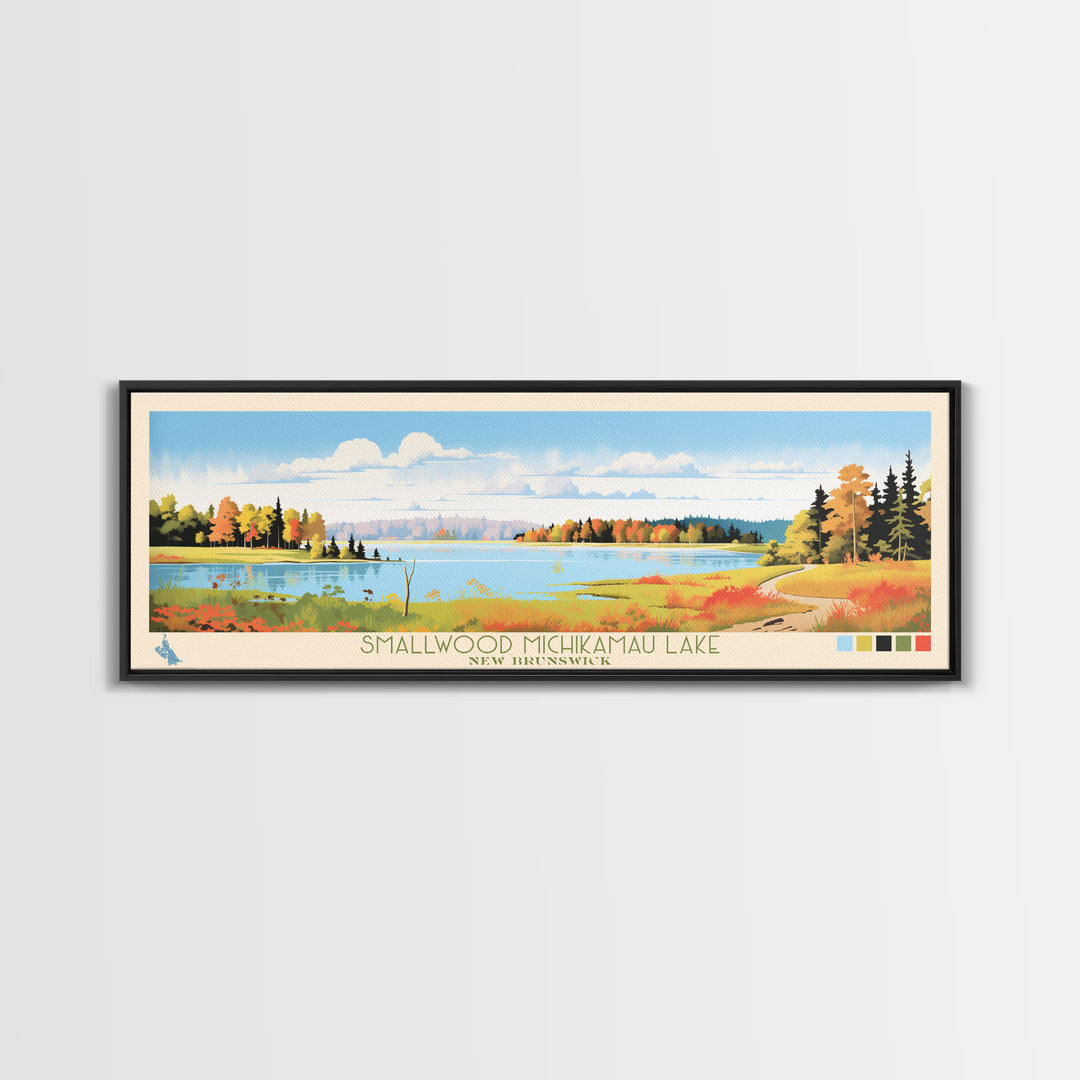 Smallwood Michikamau Lake, New Brunswick Framed Canvas Print, Lake House Art, Midcentury Modern Decor, Pop Art, Travel Poster, Living Room Wall Art