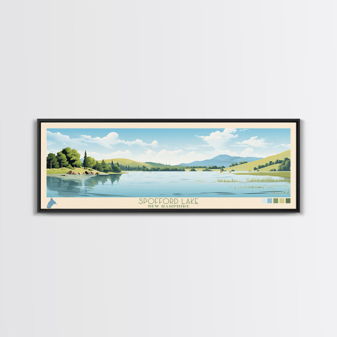 Spofford Lake, New Hampshire Framed Canvas Print, Lake House Art, Midcentury Modern Decor, Pop Art, Travel Poster, Living Room Wall Art