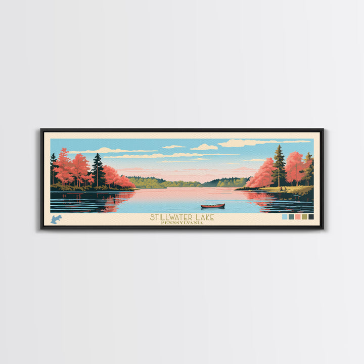 Stillwater Lake, Pennsylvania Framed Canvas Print, Lake House Decor, Midcentury Modern Art, Pop Art, Travel Poster, Bedroom Wall Art