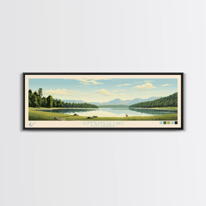 Summerville Lake, West Virginia Framed Canvas Print, Lake House Art, Midcentury Modern Decor, Pop Art, Travel Poster, Living Room Wall Art