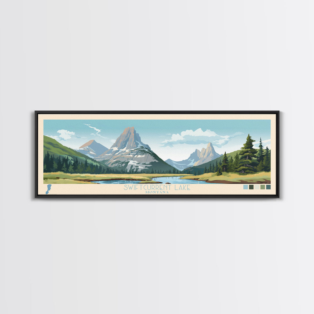 Swiftcurrent Lake, Montana Framed Canvas Print, Lake House Decor, Midcentury Modern Art, Pop Art, Travel Poster, Bedroom Wall Art