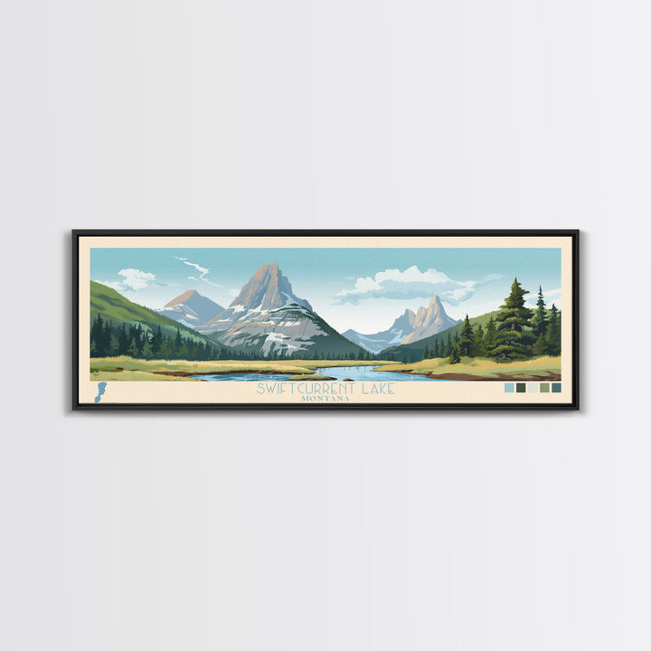 Swiftcurrent Lake, Montana Framed Canvas Print, Lake House Decor, Midcentury Modern Art, Pop Art, Travel Poster, Bedroom Wall Art