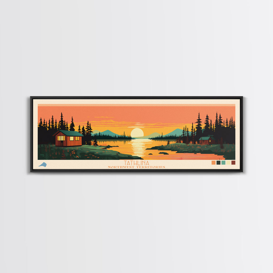 Tathlina Lake, Northwest Territories Framed Canvas Print, Lake House Art, Midcentury Modern Decor, Pop Art, Travel Poster, Wall Art