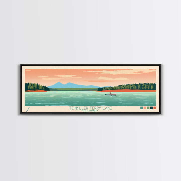 Tenkiller Ferry Lake, Oklahoma Framed Canvas Print, Lake House Art, Midcentury Modern Decor, Pop Art, Travel Poster, Bedroom Wall Art