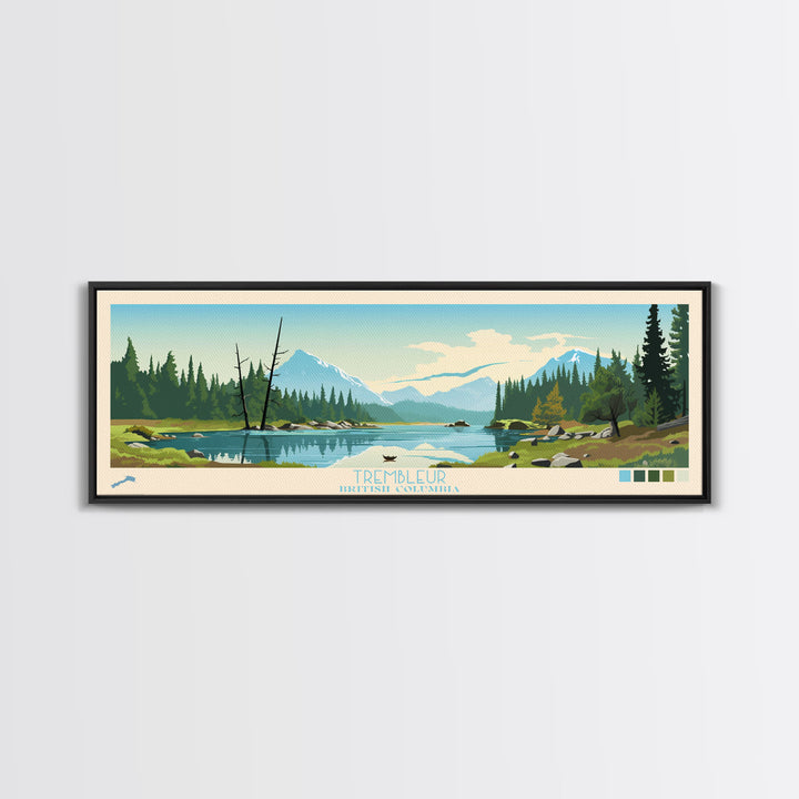 Trembleur Lake, British Columbia Framed Canvas Print, Lake House Art, Midcentury Modern Decor, Pop Art, Travel Poster, Bedroom Wall Art