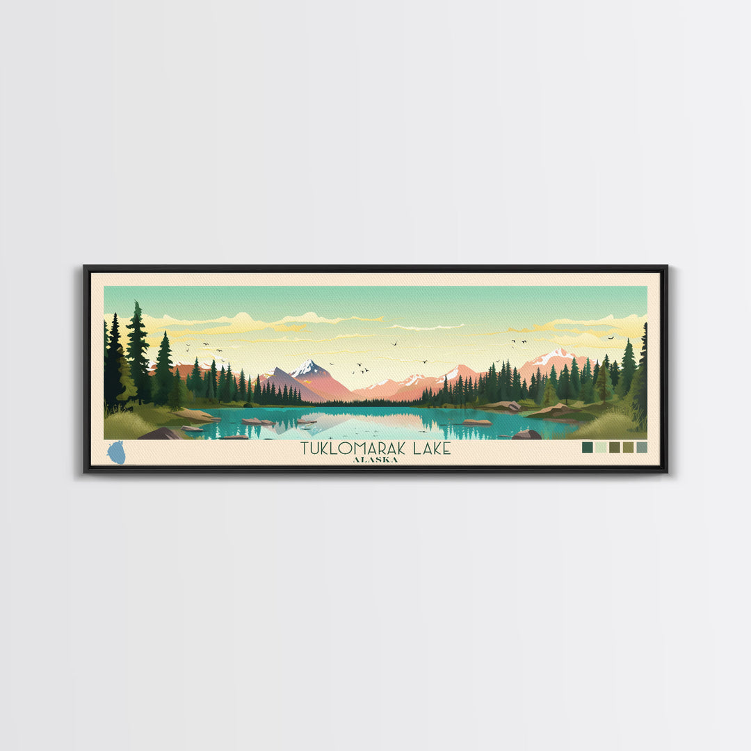 Tuklomarak Lake, Alaska Framed Canvas Print, Lake House Art, Midcentury Modern Decor, Pop Art, Travel Poster, Bedroom Wall Art