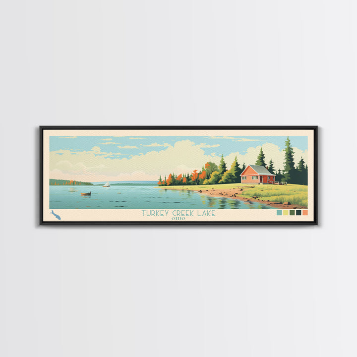 Turkey Creek Lake, Ohio Framed Canvas Print, Lake House Decor, Midcentury Modern Art, Pop Art, Travel Poster, Living Room Wall Art