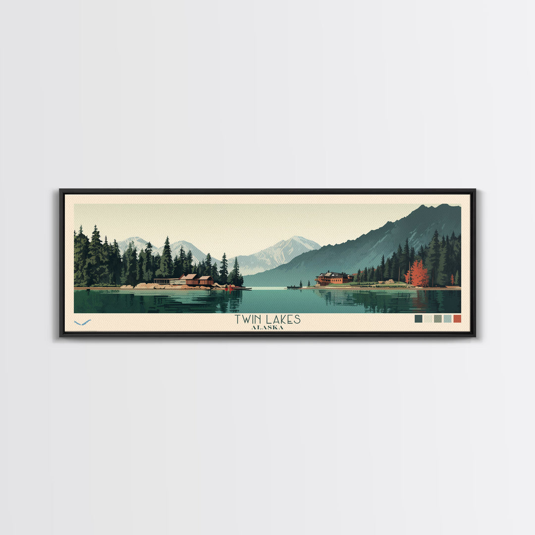 Twin Lakes, Alaska Framed Canvas Print, Lake House Art, Midcentury Modern Decor, Pop Art, Travel Poster, Bedroom Wall Art