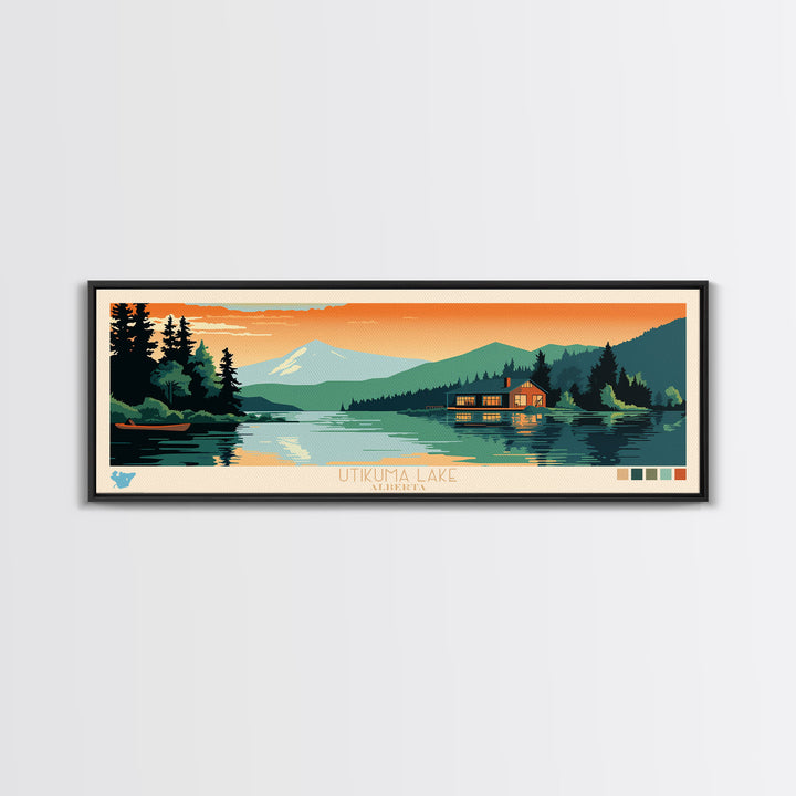 Utikuma Lake, Alberta Framed Canvas Print, Panoramic Lake House Art, Midcentury Modern Decor, Pop Art, Travel Poster, Living Room Wall Art