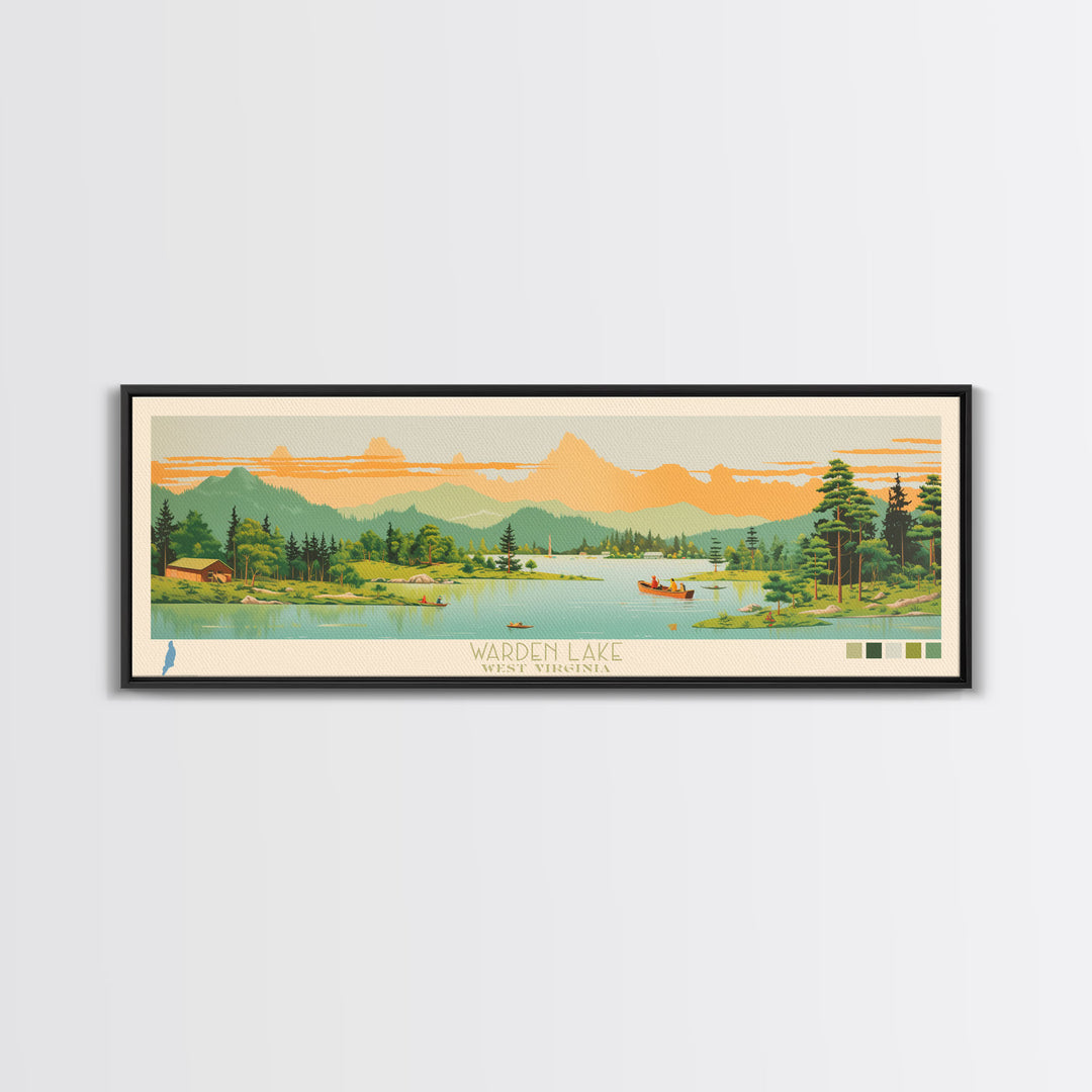 Warden Lake, West Virginia Framed Canvas Print, Panoramic Lake House Art, Midcentury Modern Decor, Pop Art, Travel Poster, Living Room Wall Art