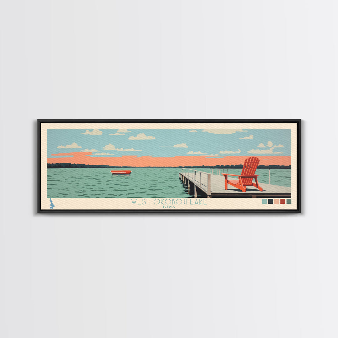 West Okoboji Lake, Iowa Panoramic Framed Canvas Print, Lake House Art, Midcentury Modern Decor, Pop Art, Travel Poster, Bedroom Wall Art