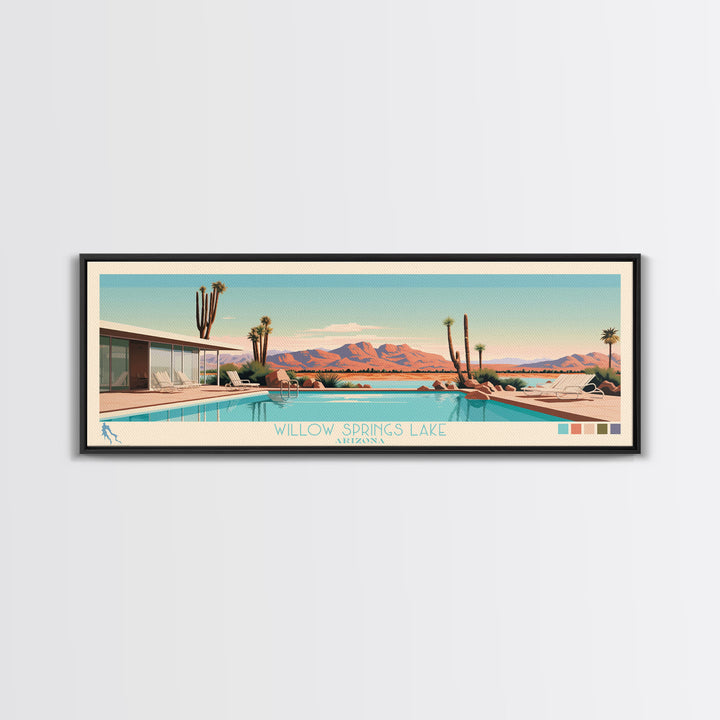 Willow Springs Lake, Arizona Panoramic Framed Canvas Print, Lake House Art, Midcentury Modern Decor, Pop Art, Travel Poster, Bedroom Wall Art