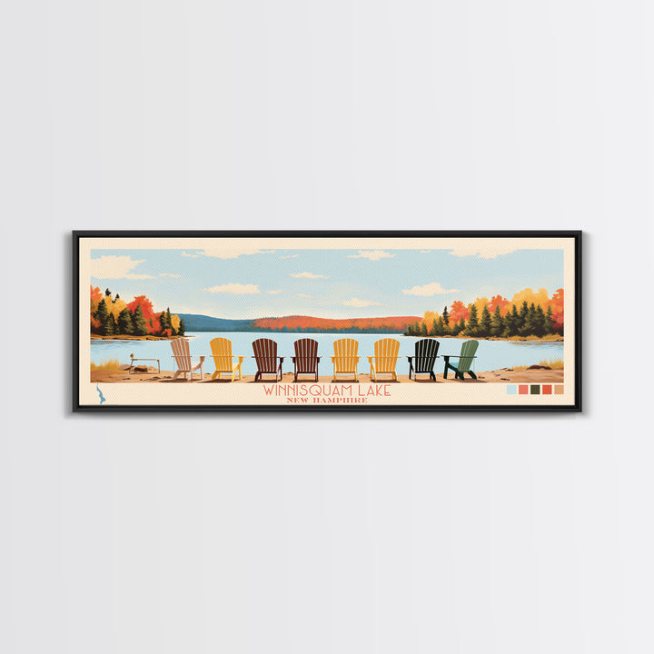 Winnisquam Lake, New Hampshire Panoramic Framed Canvas Print, Lake House Decor, Midcentury Modern Art, Pop Art, Travel Poster