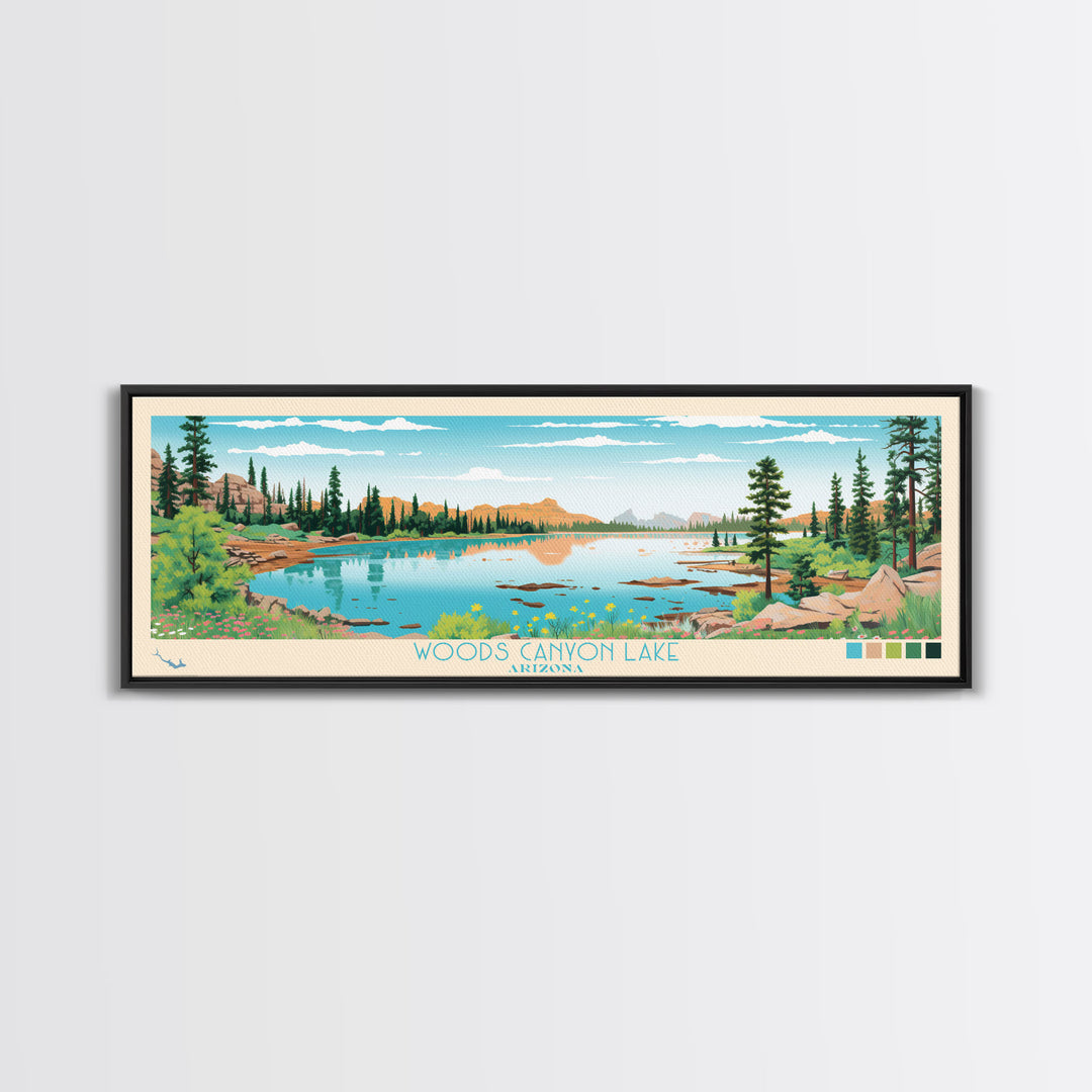 Woods Canyon Lake, Arizona Panoramic Framed Canvas Print, Lake House Art, Midcentury Modern Decor, Pop Art, Travel Poster