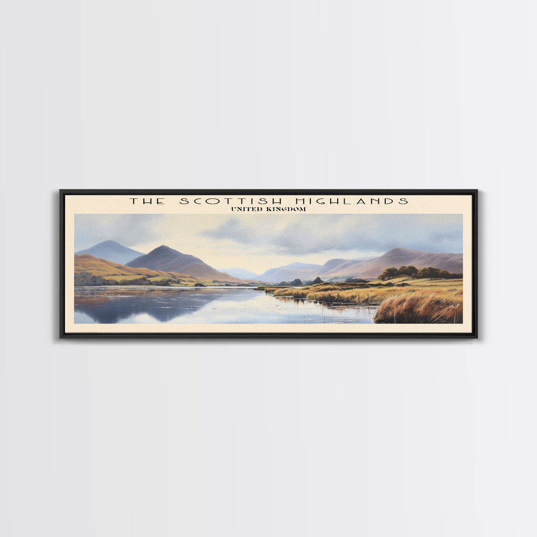 The Scottish Highlands Retro Style Travel Poster - Framed Canvas Print - COUNTRY Travel Decor | Vintage Style Home Decor - Travel Print - Wall Art