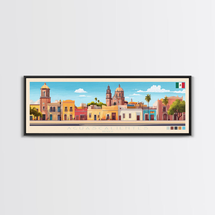 Aguascalientes, Mexico Panoramic Travel Poster Canvas Print, Aguascalientes, Mexico Painting, Mexico Art, Aguascalientes Travel Art, Guest Room Painting