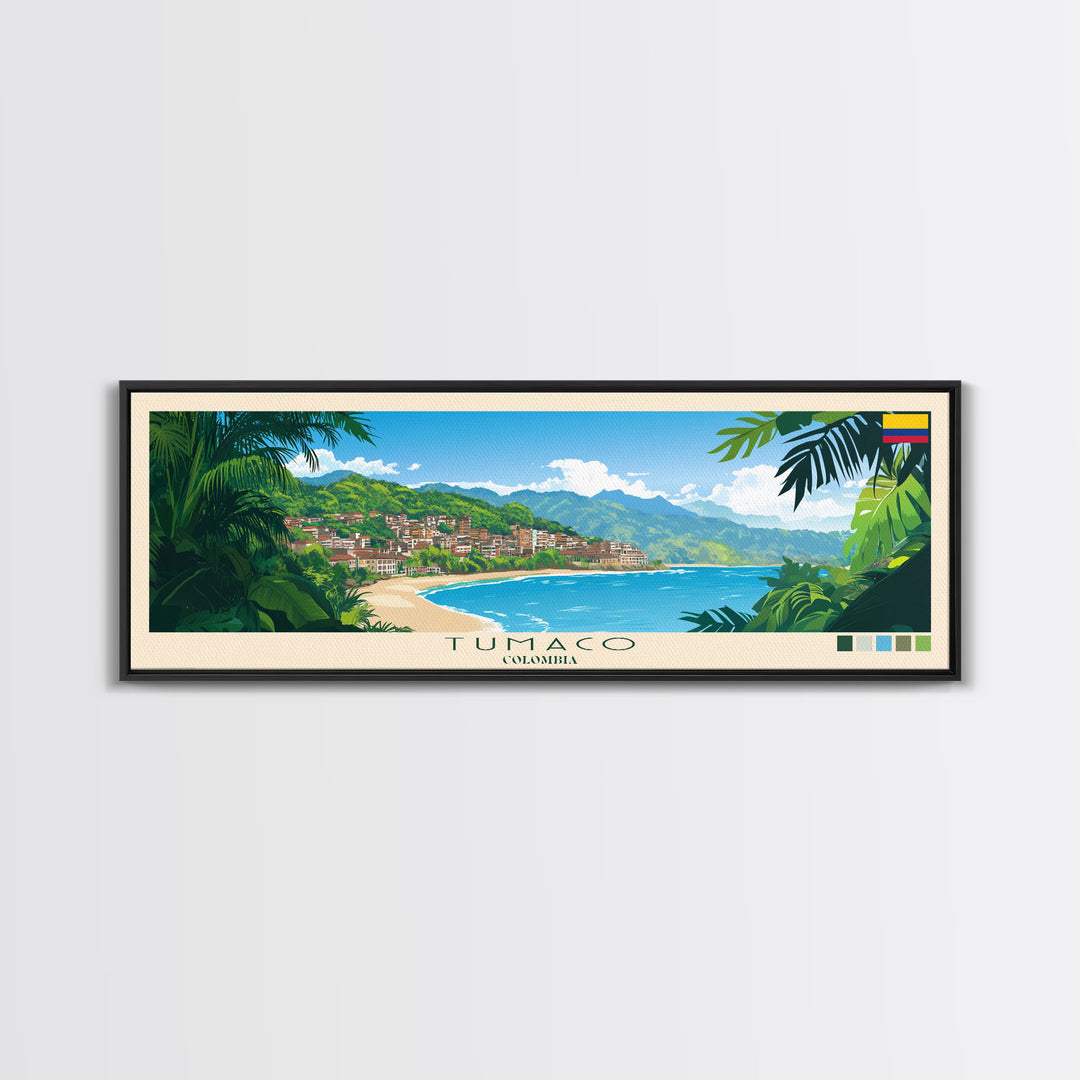 Tumaco, Colombia Panoramic Travel Poster Canvas Print, Tumaco, Colombia Painting, Colombia Art, Tumaco Panoramic Travel Art, Travel Painting