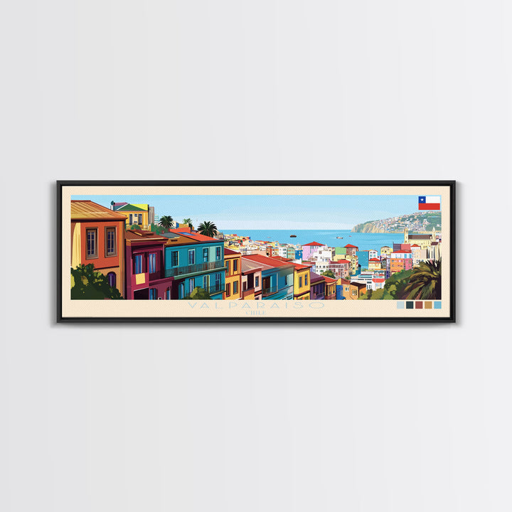 Valparaiso, Chile Panoramic Travel Poster Canvas Print, Valparaiso, Chile Painting, Chile Art, Valparaiso Panoramic Travel Art, Travel Painting