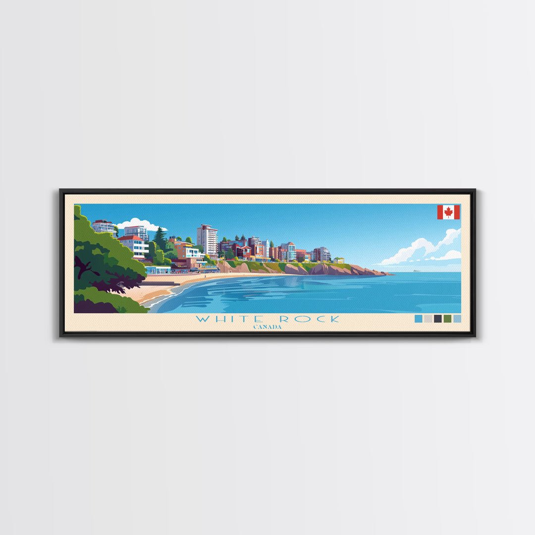 White Rock, Canada Travel Poster Panoramic Canvas Print, White Rock, Canada Painting, Canada Art, White Rock Travel Art, Guest Room Painting