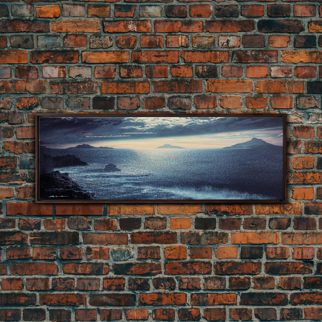 Storm Torrent Over A Steel Grey Sea, Gloomy Wall Art, Framed Ready To Hang Canvas Print