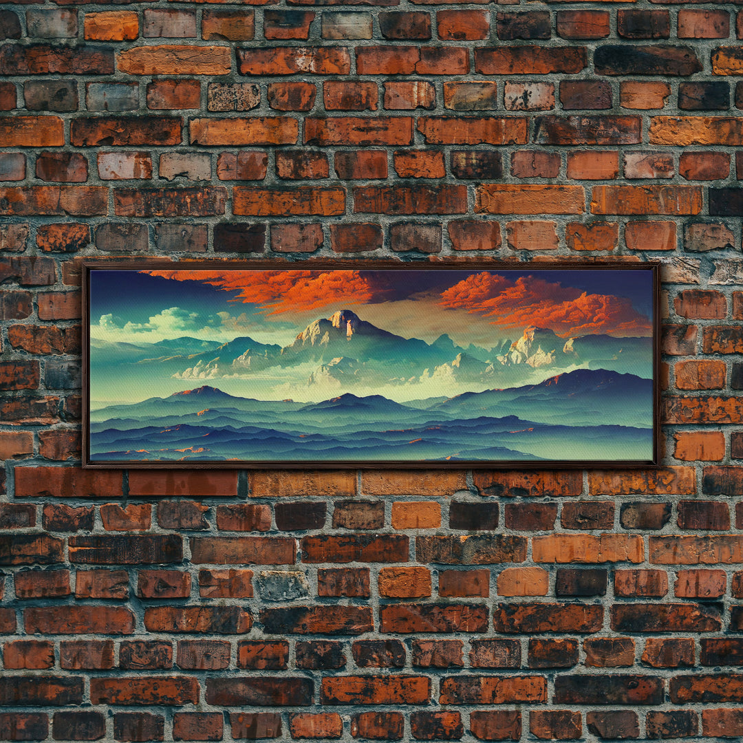 Beautiful Fantasy Mountain Landscape With Orange Clouds, Framed Canvas Print, Ready To Hang Panoramic Wall Decorr