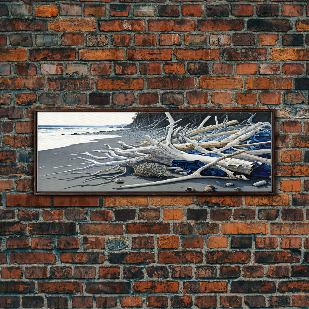 Driftwood, Panoramic Framed Canvas Print, Pacific Northwest / Washington State Driftwood Washed Up On The Shore, Extra Wide Format Art