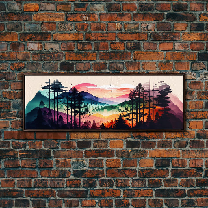 Vibrant Double Exposure Watercolor of a Mountain Landscape and Pine Tree Forest at Sunset, Wide Panoramic Framed Canvas Print