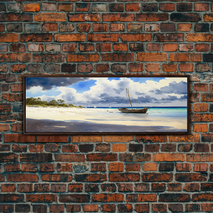 Tropical Shipwreck Island - Framed Canvas Print -Panoramic Beach Art - Blue sky and blue ocean art - nautical sailing decor