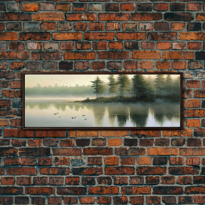 Panoramic Canvas Print of Pacific NW Lake & Forest in Soft Watercolor - Foggy Pine Trees - Framed Wall Art Decor - Framed Wall Art