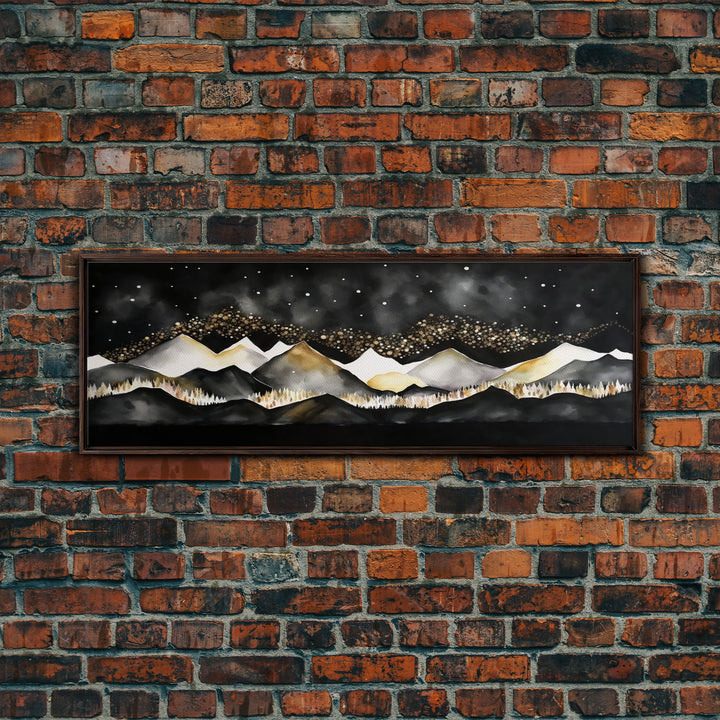 Black & Gold Mountain Landscape Painting, Framed Canvas Print, Panoramic Art, Extra Wide Art, Center Piece Decor, Above Fireplace or Sofa