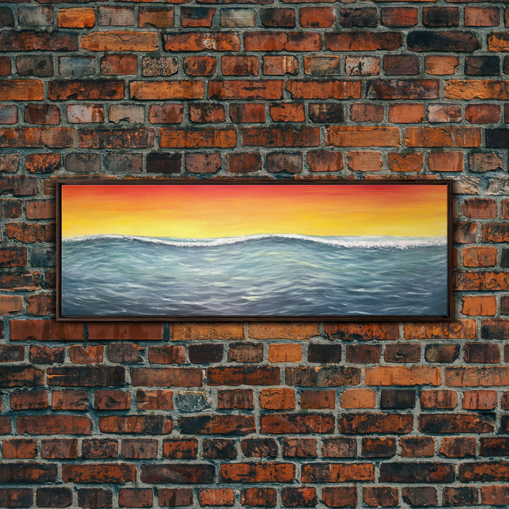 Seascape Canvas Art Print, Ocean, Waves, Horizon, Sunset, Orange, Blue, Yellow, Nature, Wall Decor, Panoramic, Wall Art, Canvas Print