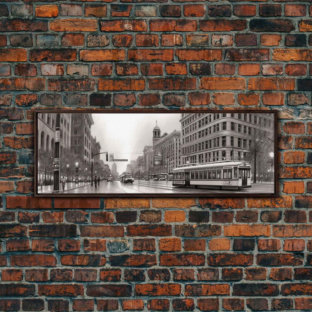 Detailed Street Sketch Canvas Print, City Wall Art, Bus, Cars, Buildings, Monochromatic Urban Art Print, Panoramic, Wall Art, Canvas Print