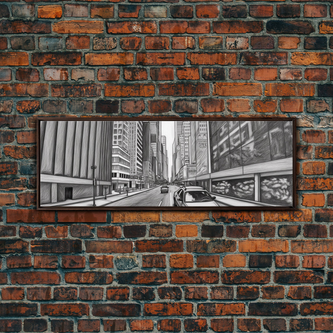 Pencil Sketch City Canvas Print, Buildings, Cars, Street, Urban Art, Large Urban Art Print, Wall Decor, Panoramic, Wall Art, Canvas Print