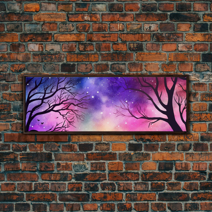 Watercolor Sky Wall Art, Purple Art, Pink Print, Fall Trees Art Canvas Print, Large Mixed Media Wall Art, Panoramic, Wall Art, Canvas Print