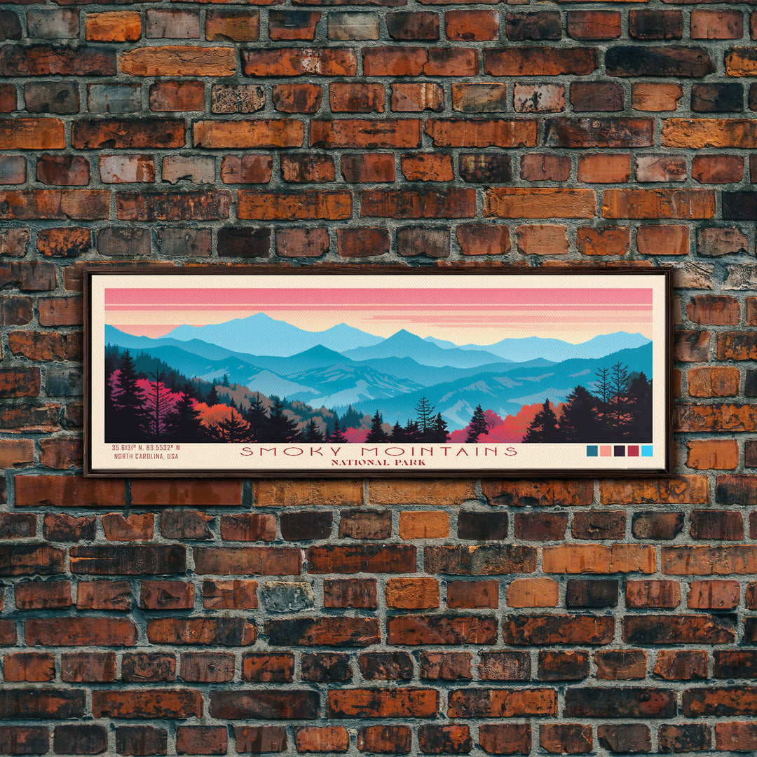 Smoky Mountains National Park, Panoramic North Carolina Travel Art, National Park Print, Minimalist Travel Art, Midcentury Modern Style