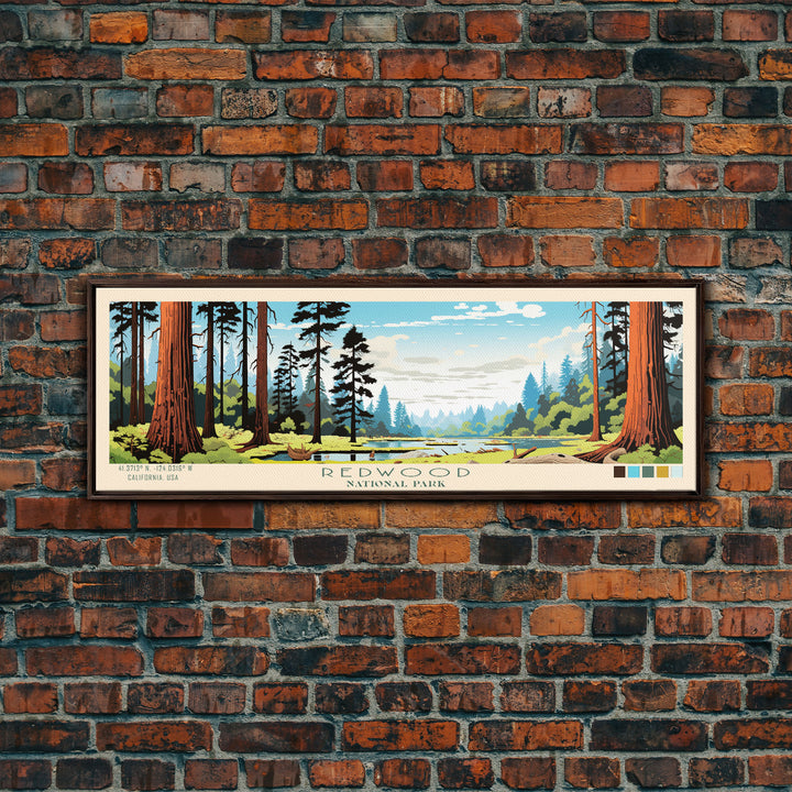 Redwood National Park Panoramic California Travel Art, National Park Print, Minimalist Travel Art, Midcentury Modern Style Landscape