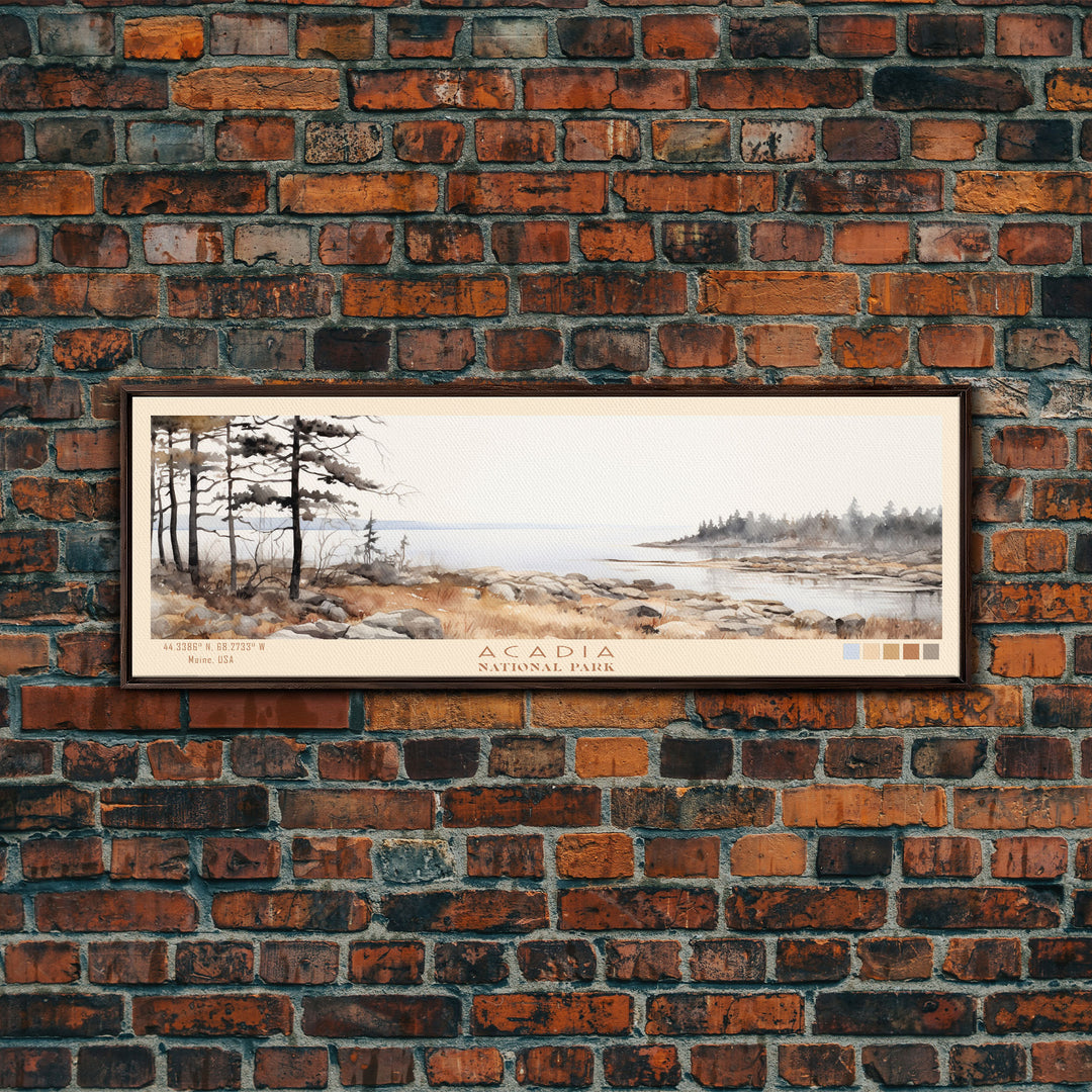 Acadia National Park Panoramic Maine Travel Art, National Park Print, Minimalist Travel Art, Subdued Watercolor Painting Panoramic