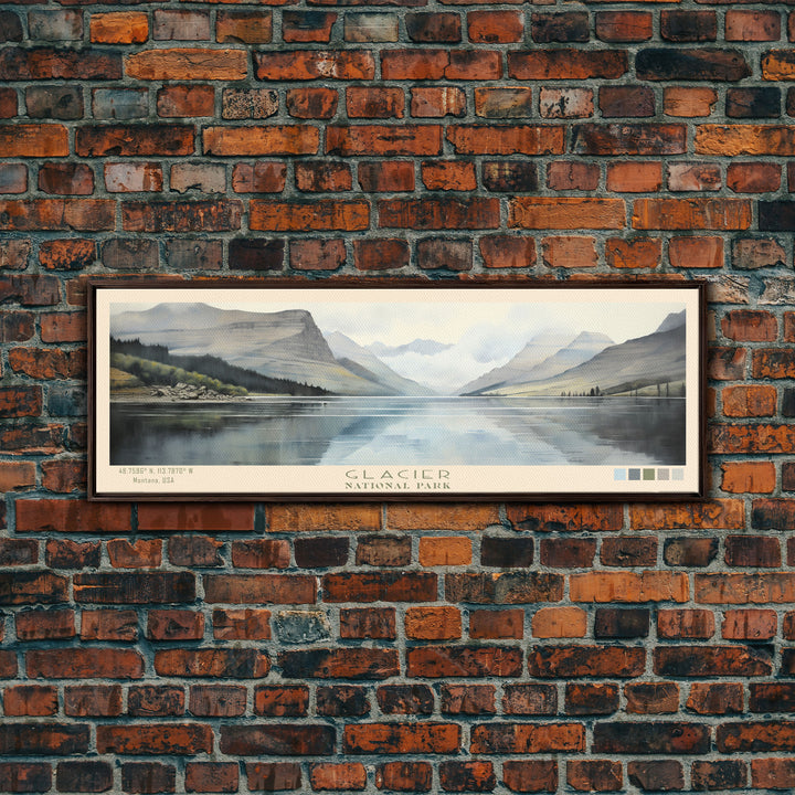 Glacier National Park Panoramic Montana Travel Art, National Park Print, Minimalist Travel Art, Subdued Watercolor Painting Panoramic