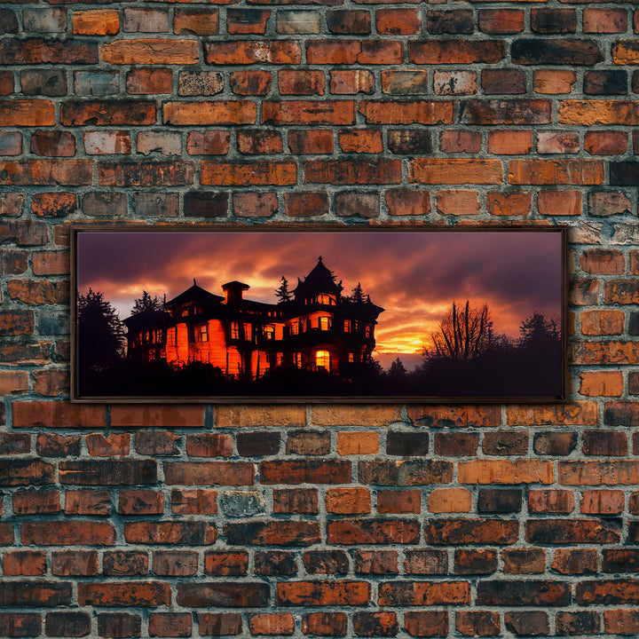 Spooky Haunted House, Panoramic Wall Art Canvas Print, Ready To Hang, Creepy Wall Decor, Gloomy Art