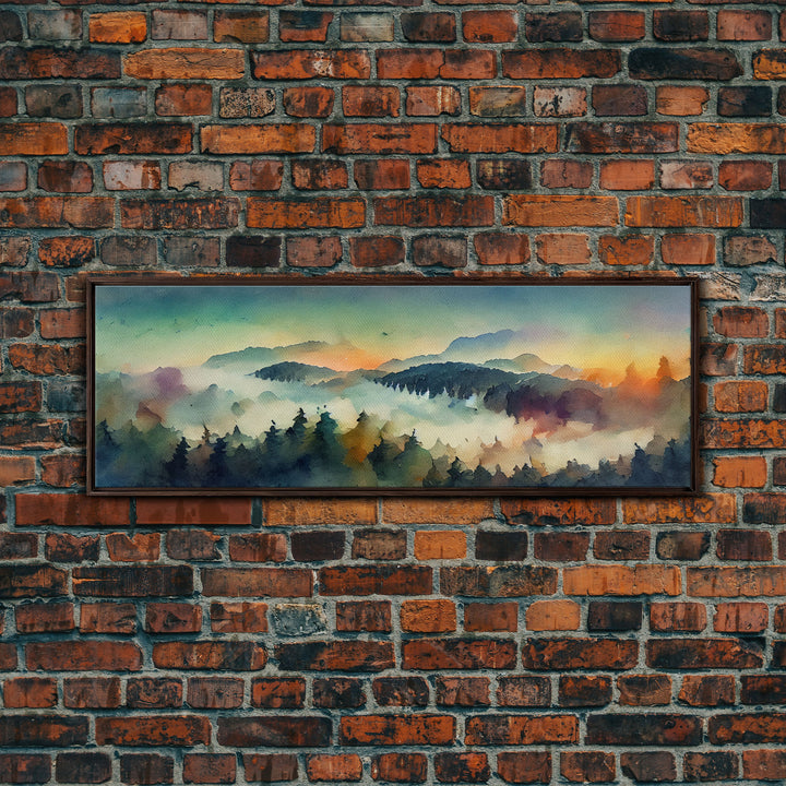 Dramatic Watercolor Sunset Landscape, Ready To Hang Canvas Print, Panoramic, Emerald Green Landscape Wall Decor, Watercolour Painting