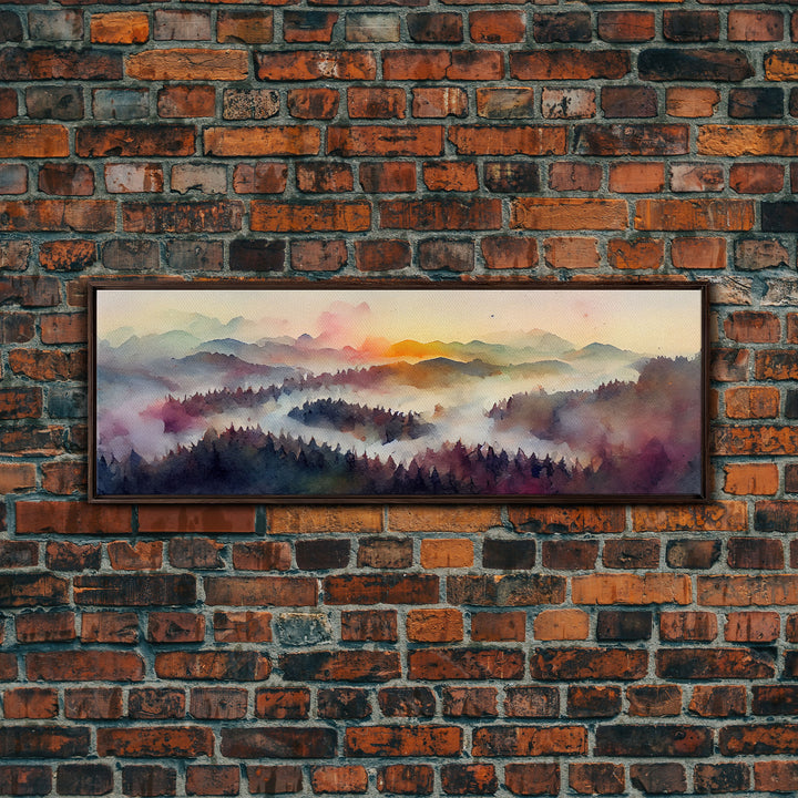 Dramatic Watercolor Sunset Landscape, Ready To Hang Canvas Print, Panoramic, Emerald Green Landscape Wall Decor, Above Bed Art, Guestroom