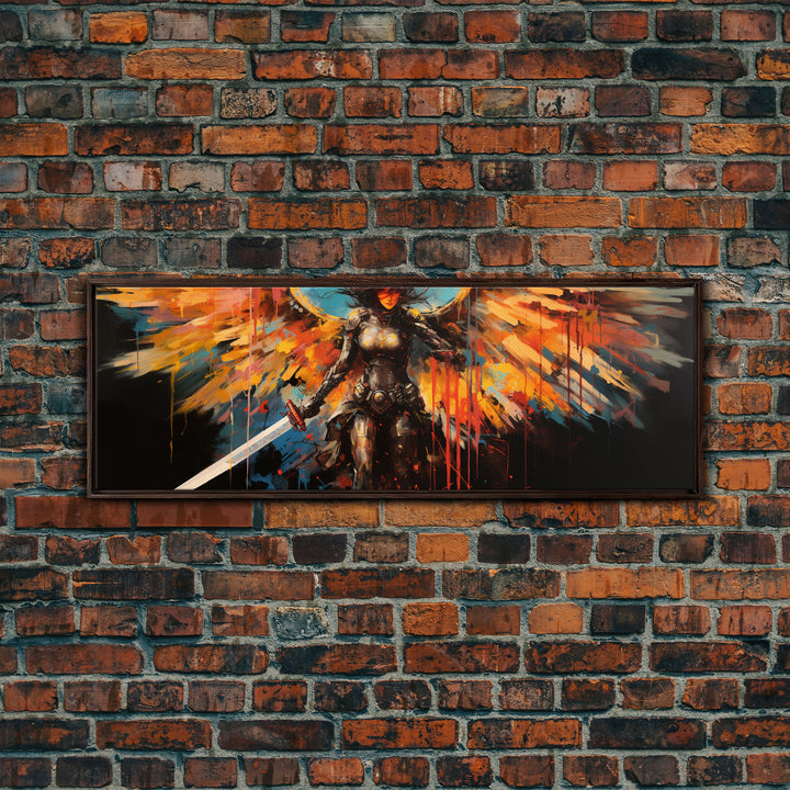 The Battle Angel, Framed Canvas Print, Game Room Art, Panoramic Painting, Panoramic Wall Art, Extra Large Wall Art