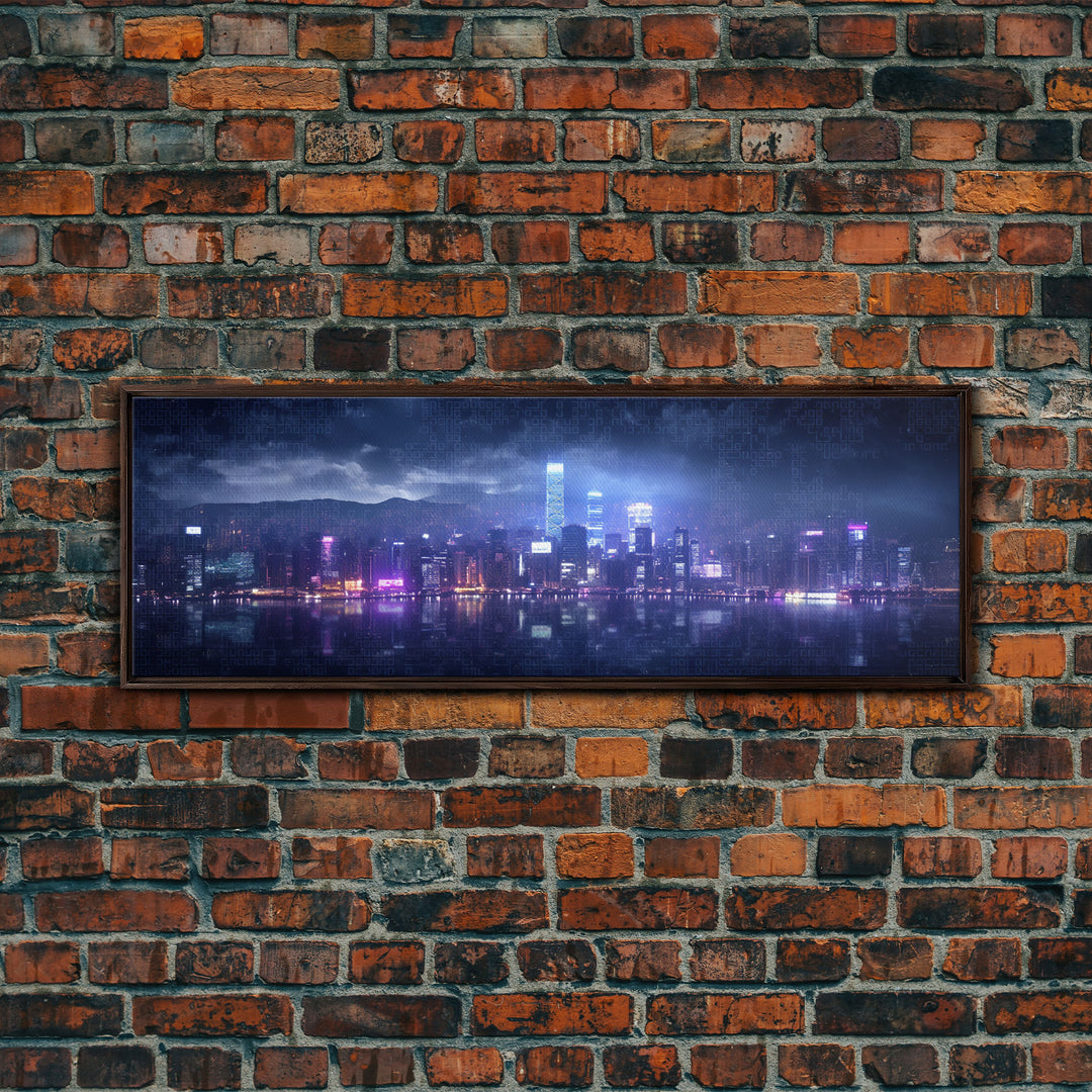 Cyberpunk Hong Kong City Skyline, Framed Canvas Print, Cyberpunk Style Wall Art, Synthwave Decor, Videogame Concept Art